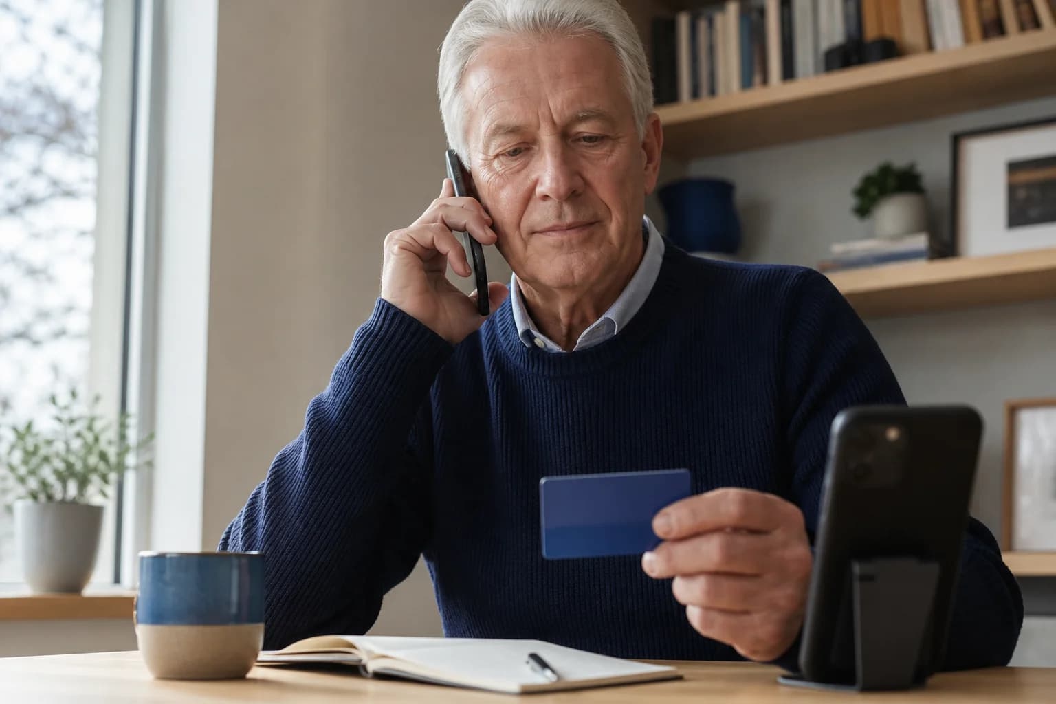 A man ending an unexpected bank call and dialing the verified number on his payment card