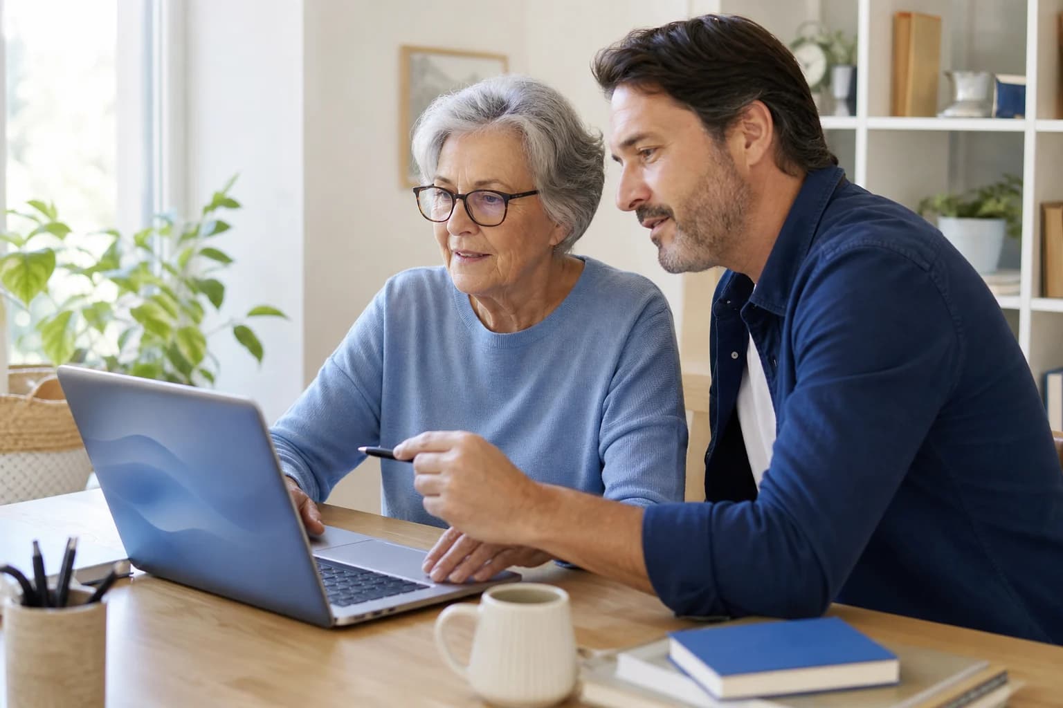 A woman calmly closing a suspicious computer warning with a trusted family member nearby